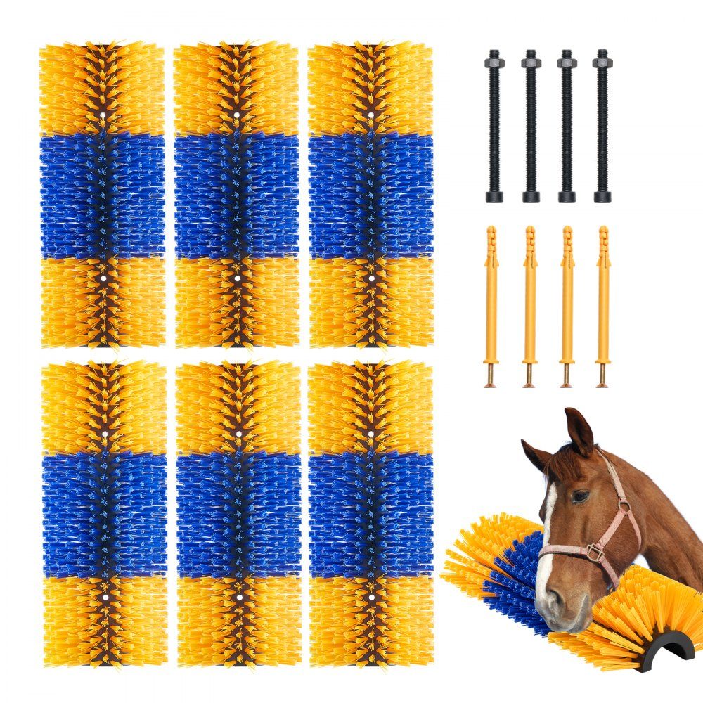 Scratching brush, set of 6 cattle brushes with 12 screws, 51 x 19 x 10 cm scrubbing brush, for relieving itching & for cleaning, grooming & scratching post brush for horses, pigs & cattle