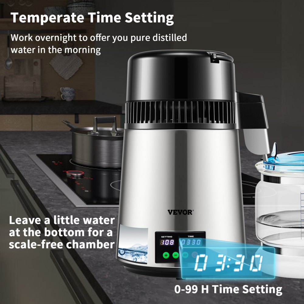 Water Distiller 1L/H Household Silver Water Distiller Make Distilled Water 750W, Double Screen Stainless Steel Distiller System with Glass Jug Distill Pure Water