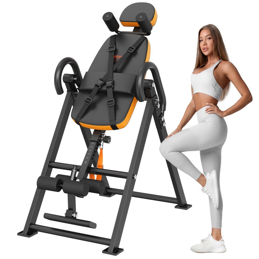 Inversion table, inversion bench, 136 kg load capacity, multifunctional back trainer, foldable strength training device with headrest, ankle lock, adjustable protective belt, orange/black