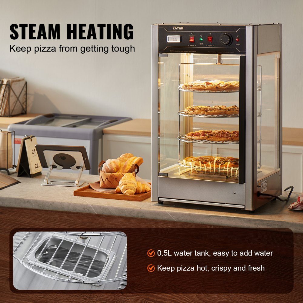 Commerciële Voedselverwarmer voor 14" Pizza, 4-laags Pizzaverwarmer met Roterende Stoomverwarmer, 30℃~85℃ Temperatuurregeling en Temperatuurweergave, 25W Ovenlicht + Top-LED voor Pizzeria, Restaurant