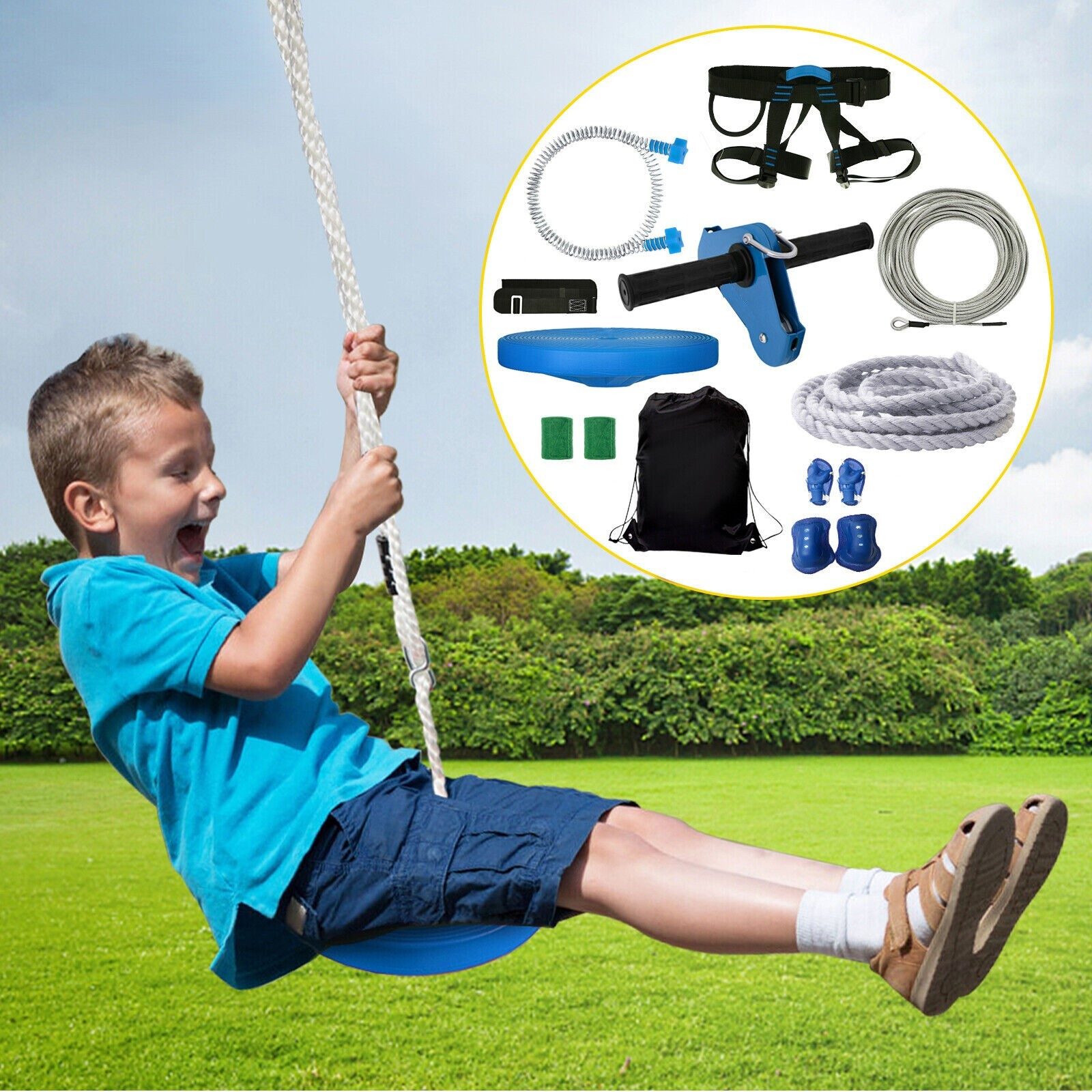 Téléphérique Zipline pour enfants Kit de démarrage en corde d'acier de 80 pieds