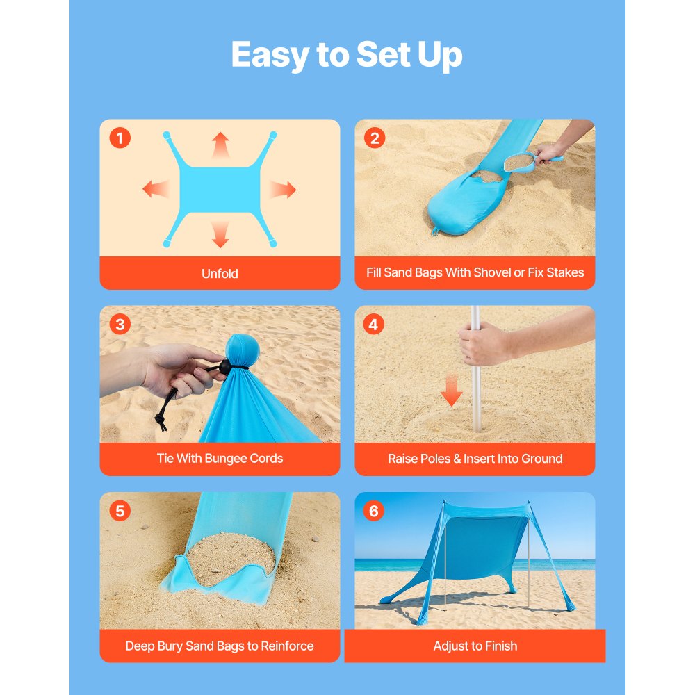 Tente de plage avec pare-soleil (UPF 50+) 2,3 x 2,3 x 2 m, abri de plage avec poteaux de support et pelles à sable, auvent portable pour les voyages en famille, le camping, la pêche, bleu Tente de plage avec pare-soleil (UPF 50+) 2,3 x 2,3 x 2 m, abri de plage avec poteaux de support et pelles à sable, auvent portable pour les voyages en famille, le camping, la pêche, bleu