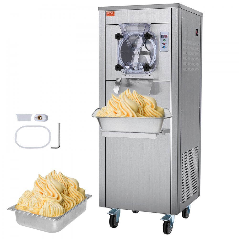 Komercyjna maszyna do lodów, wydajność 18 l/h, maszyna do lodów twardych o jednym smaku z kółkami, cylinder ze stali nierdzewnej 6 l, panel LED, automatyczne chłodzenie wstępne z czyszczeniem, do barów z przekąskami w restauracjach