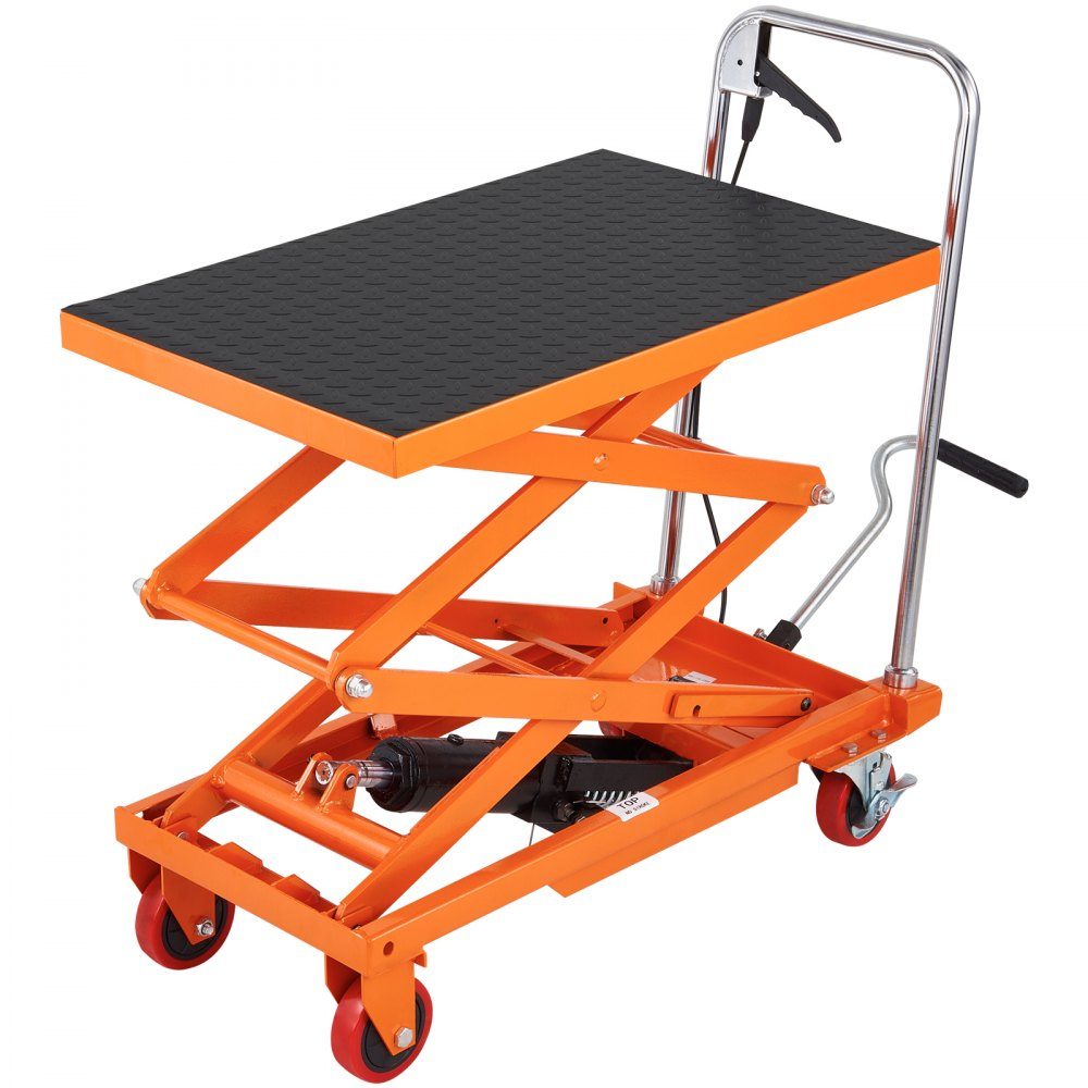 TFD15 Hydraulischer Hubwagen, Tischwagen, 330 Pfund Kapazität, 50 Zoll, mit 4 Rädern und rutschfester Unterlage für Materialhandhabung und Transport, Orange