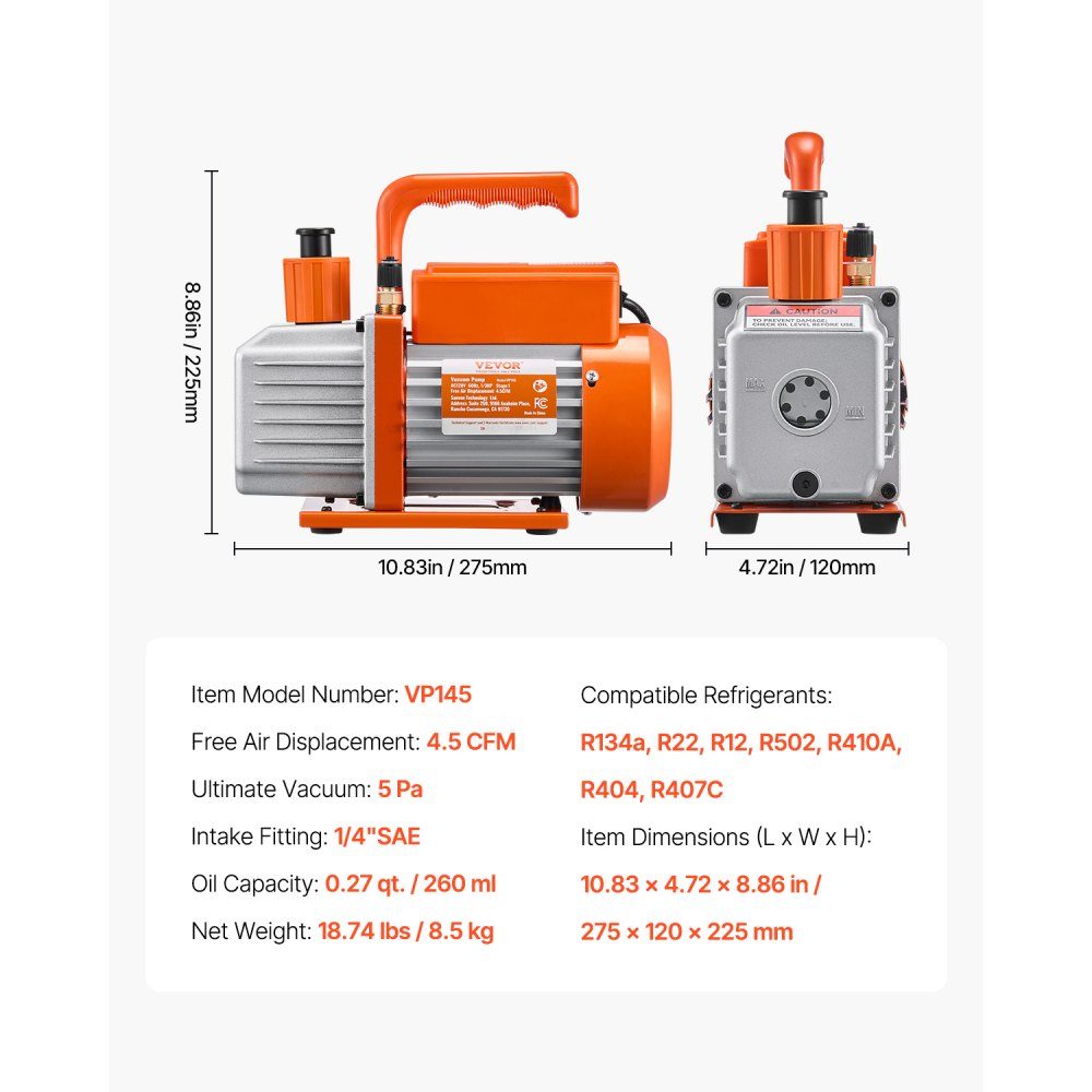 4.5 CFM AC Vacuum Pump and Gauge Kit, 1 Stage HVAC Air Vacuum Pump, A/C Refrigerant Manifold Gauge Kit with Leak Detection Hoses for R134a, R12, R22, R502a, R410A, R404, R407C