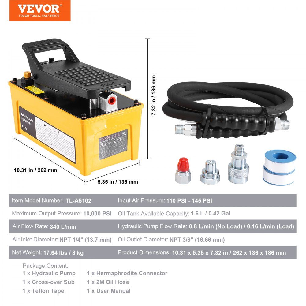 10.000 PSI Lufthydraulikpumpe, 1,6 l Öltank, NPT 3/8" Ölauslass, NPT 1/4" Einlass, luftbetriebene Fußpumpe mit Aluminiumgehäuse, für Autoreparaturrahmenmaschine und hydraulische Presse