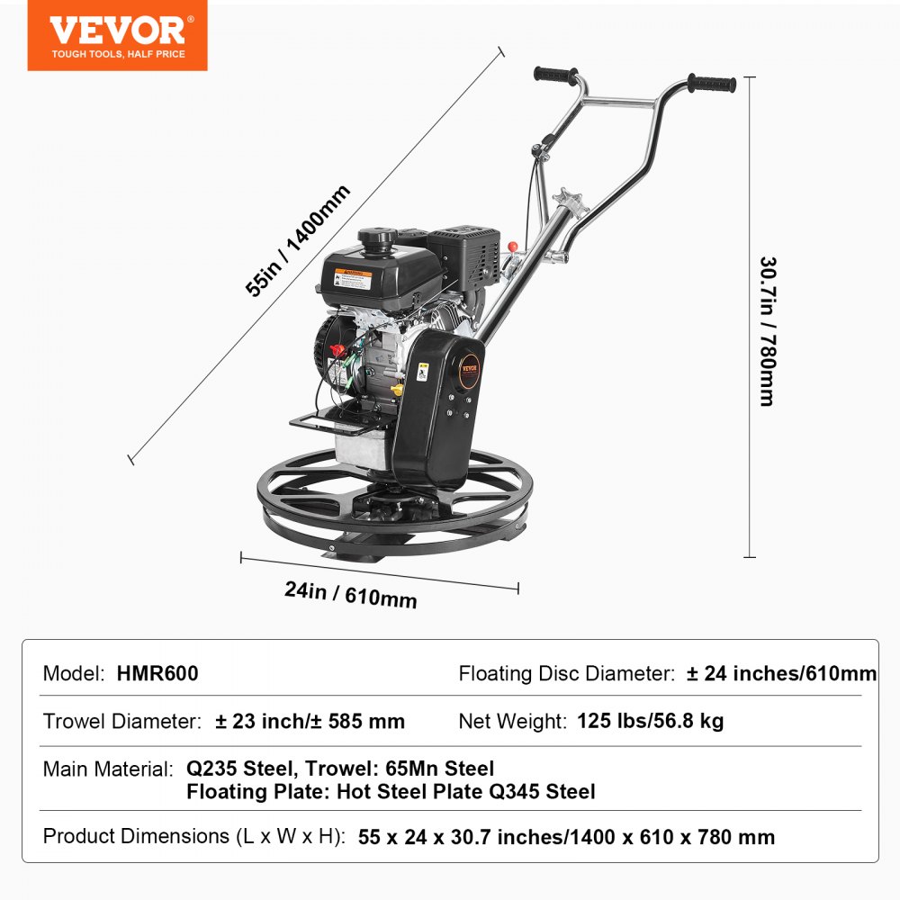 Power Trowel, 24" Hand-Held Cement Trowel with Trowel Pan, 6 HP Gas Powered Surface Trowel for Smooth Concrete Surfaces, Heavy Duty Commercial Screed and Concrete Cement Trowel with Trowel Blade, Orange Power Trowel, 24" Hand-Held Cement Trowel with Trowel Pan, 6 HP Gas Powered Surface Trowel for Smooth Concrete Surfaces, Heavy Duty Commercial Screed and Concrete Cement Trowel with Trowel Blade, Orange
