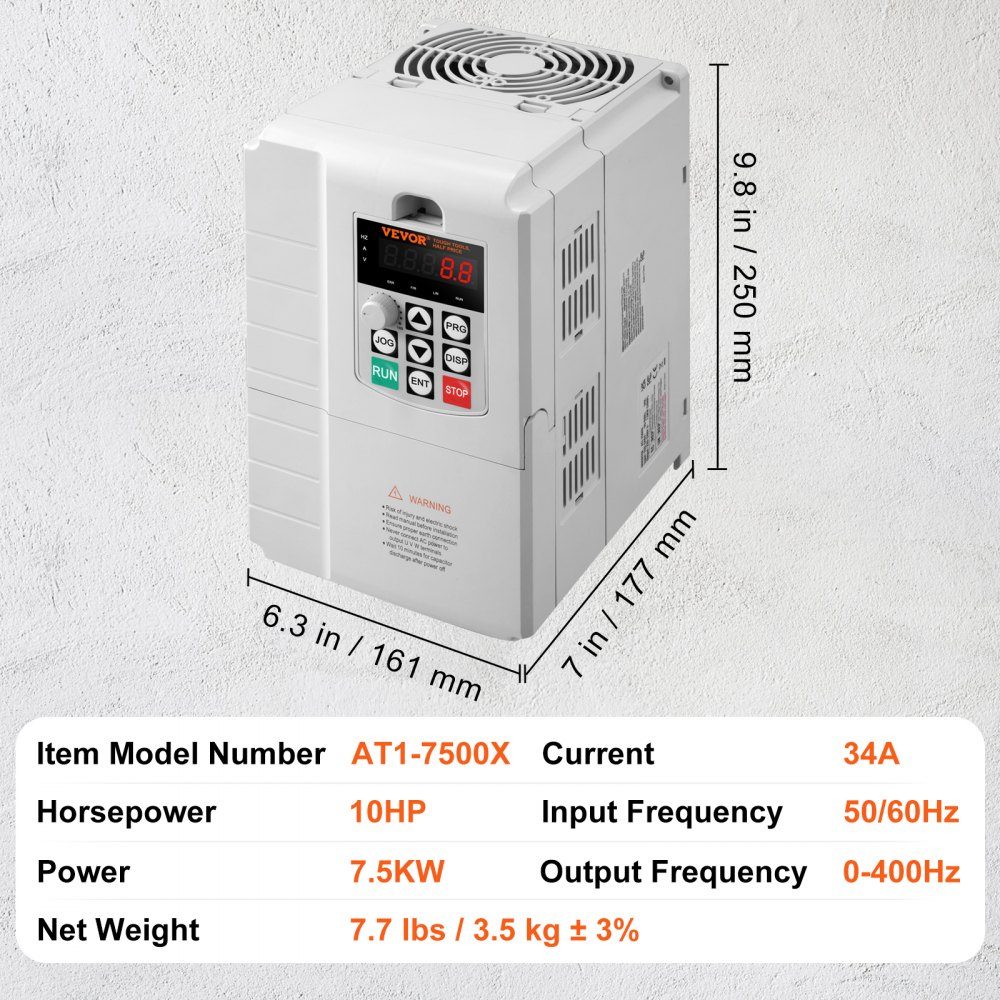 Frequency Converter, Frequency Converter, Inverter, VFD, 7.5kW, 34A, 10HP, 1-phase 220V input to 3-phase 220V output, for speed control of three-phase motors