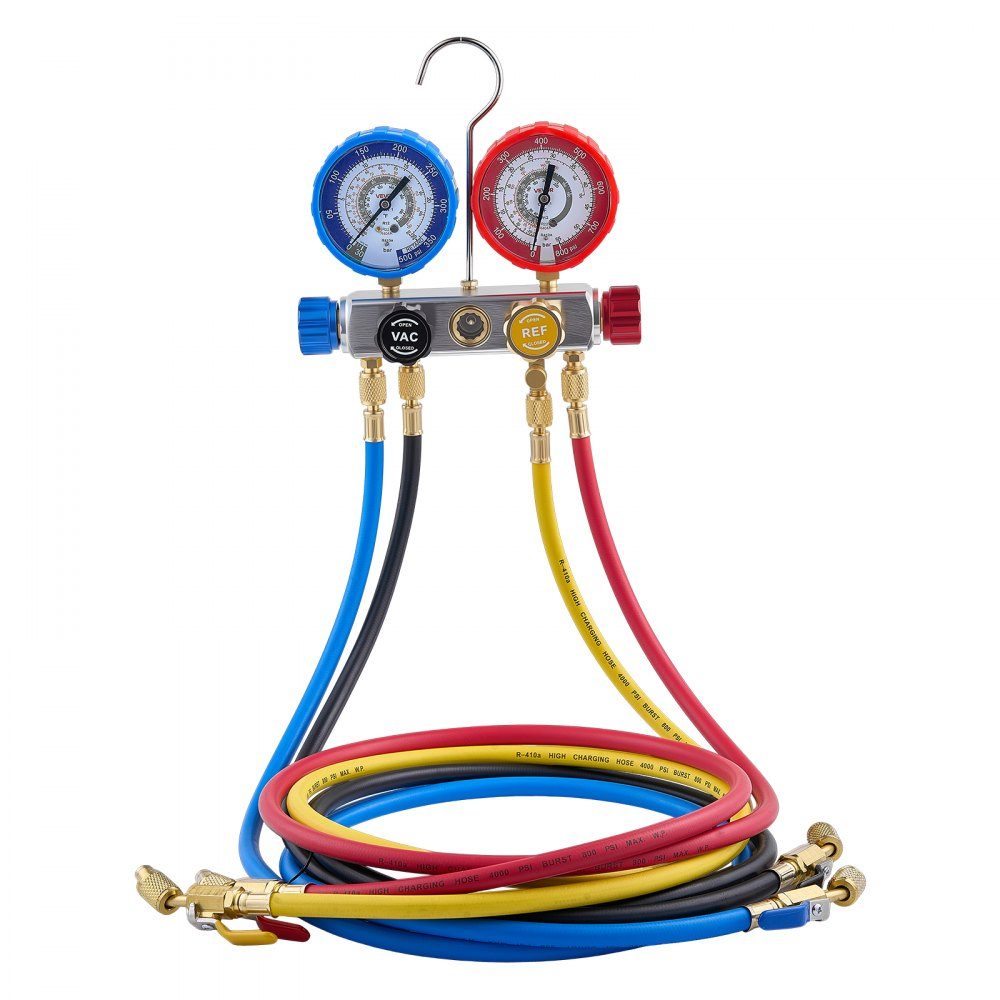 Air Conditioning Pressure Gauge Set for Refrigerant R22 R404A R410A R12, 4 Way Pressure Gauge with 1.5m Hoses, for Maintenance, Evacuation, Filling, Restoration of Air Conditioning Systems in Vehicles, Households
