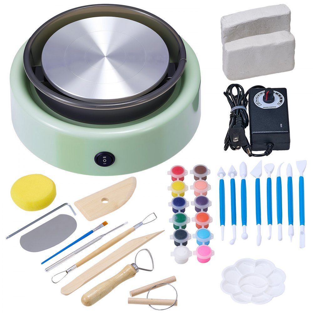 Mini Pottery Wheel Machine, 158mm Adjustable Speed ​​Turntable (0-140RPM), Electric Clay Wheel with Clay Molding Tools for DIY Pottery Classes, Green Round