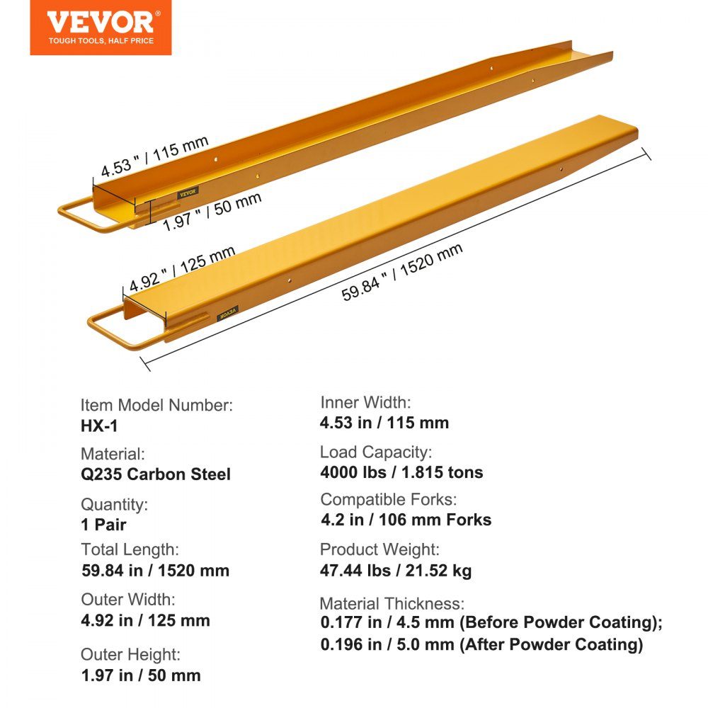 Set of 2 Fork Extensions, 1520mm Tine Extension, 1,815 Ton Load Capacity Forks, Q235 Carbon Steel, One Piece Design, Pallet Fork Extension, Compatible with 106mm Forks