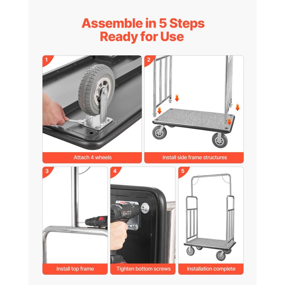 Hotel Luggage Cart, 1,000 Pound Capacity, Hotel Cart, Bellboy Cart, Luggage Cart, Valet Cart with Gray Carpet Floor and 8" Rubber Wheels, Ideal for Hotels, Condos, Resorts, Silver