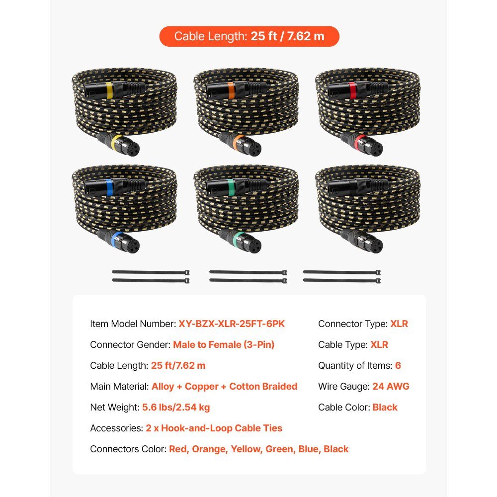 XLR-Kabel, 7,6 m, 6 Stück, abgeschirmte, symmetrische DMX-Mikrofonkabel (Stecker auf Buchse), vergoldete 3-polige XLR-Mikrofon-Lautsprecherkabel für Bühnenbeleuchtung, Mikrofone, Verstärker