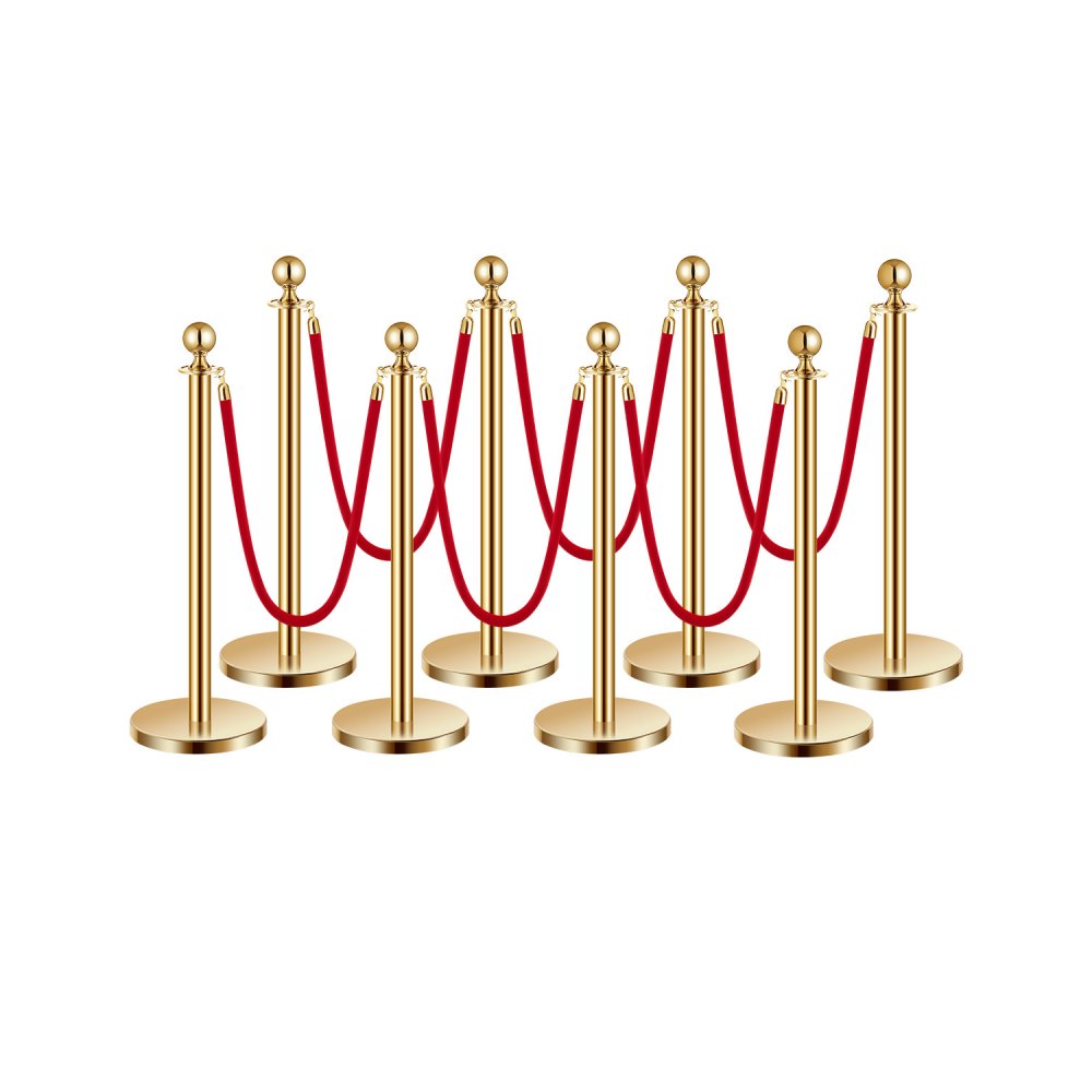 Barrier posts (8 pieces) for crowd control with 6 red velvet ropes (1.5 m long), stainless steel barrier stand with refillable base for exhibitions Golden
