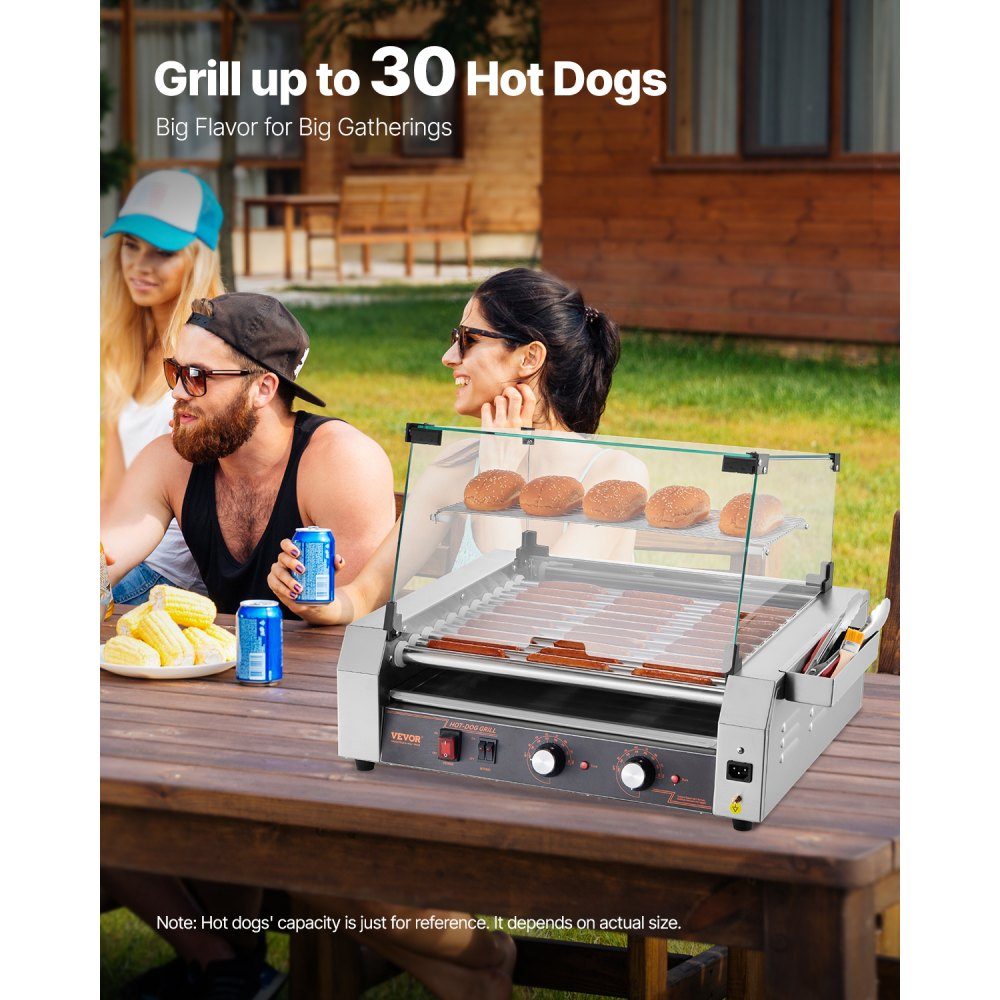 Hot Dog Grill Machine Hot Dogs 11 Rolls Stainless Steel 2200W Electric Grill with Cover & 2 Temperature Controls & Side Storage Box & Removable Shelf & Oil Drip Tray
