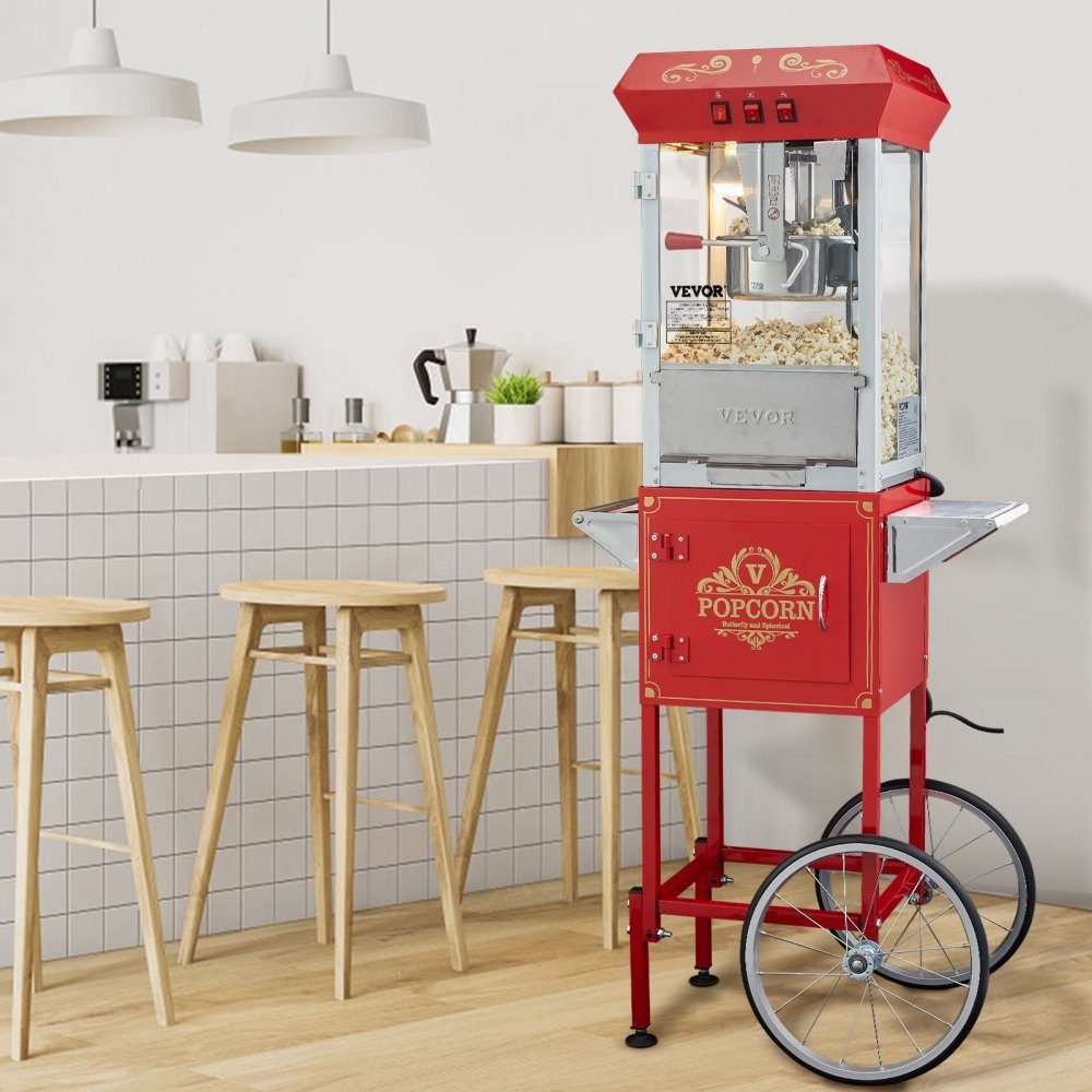 Maszyna do popcornu, Maszyna do popcornu, Maszyna do popcornu z wózkiem, Maszyna do popcornu 850 W, Czajnik 8 uncji na 48 filiżanek na załadunek, Maszyna do popcornu z hartowanym szkłem, Zawiera 4 kulki, Styl kinowy, Czerwony