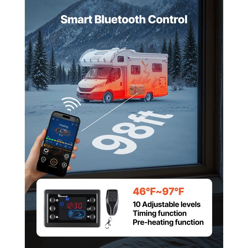 Dieselheizung 5–8 kW DC 12 V/24 V, tragbare All-in-One-Diesel-Luftheizung mit Bluetooth-Steuerung, Fernbedienung und LCD-Bildschirm, 5 l Kraftstofftank für LKW, Wohnmobil