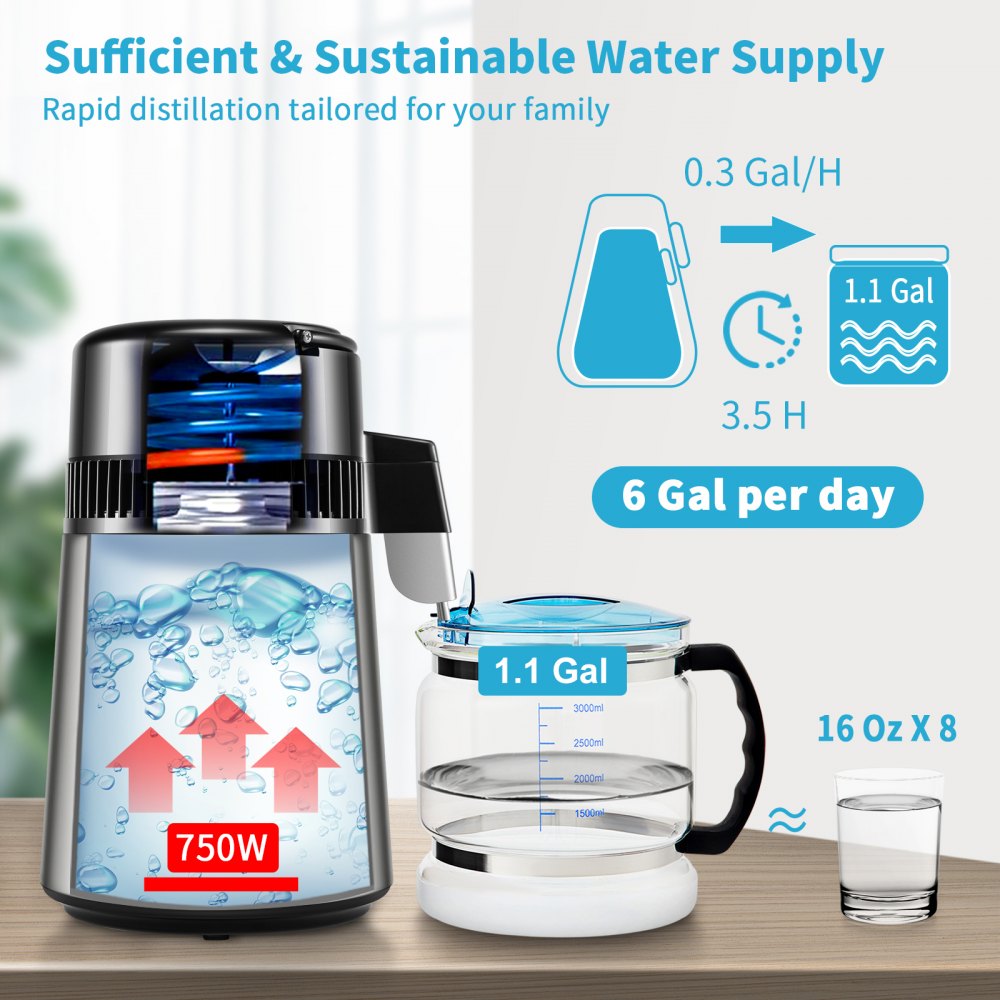 Water Distiller 1L/H Household Silver Water Distiller Make Distilled Water 750W, Double Screen Stainless Steel Distiller System with Glass Jug Distill Pure Water