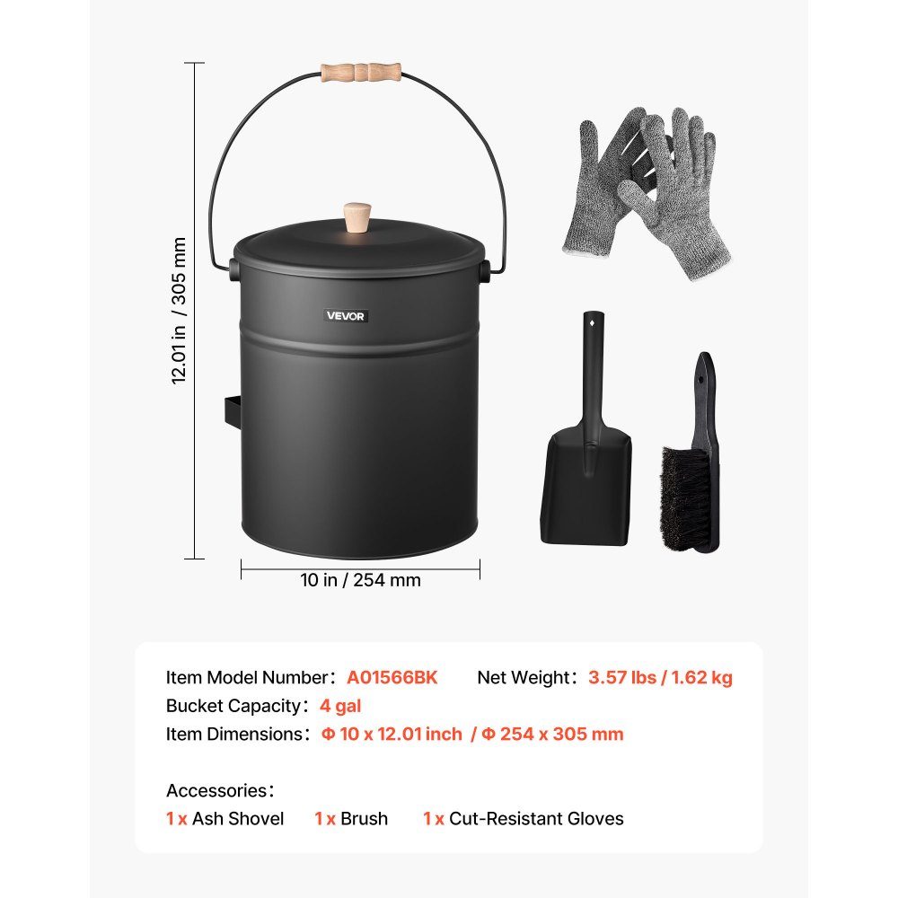Ash bucket with lid, 4-piece set, including charcoal bucket, shovel, broom & gloves, fireplace charcoal bucket & ash can made of metal, 15 L capacity for fireplaces, fireplaces, wood stoves