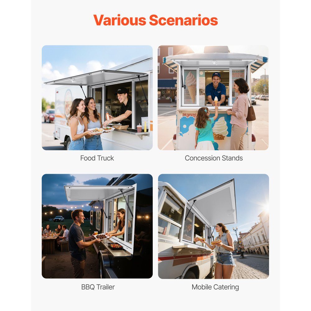 Snack window (installation dimensions 1346 x 838 mm) swiveling, snack trailer serving window with 85° opening angle & 4 sliding windows, snack window for snack stand snack carts