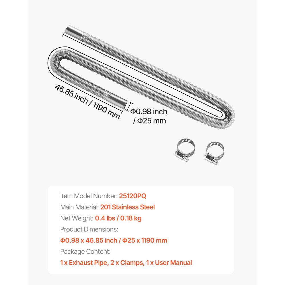 Exhaust pipe auxiliary heater Flexible exhaust hose 119 cm for car diesel heater with 2 clamps, stainless steel exhaust pipe with Φ 25 mm cross section for 2 kW / 5 kW / 8 kW diesel heaters air heaters