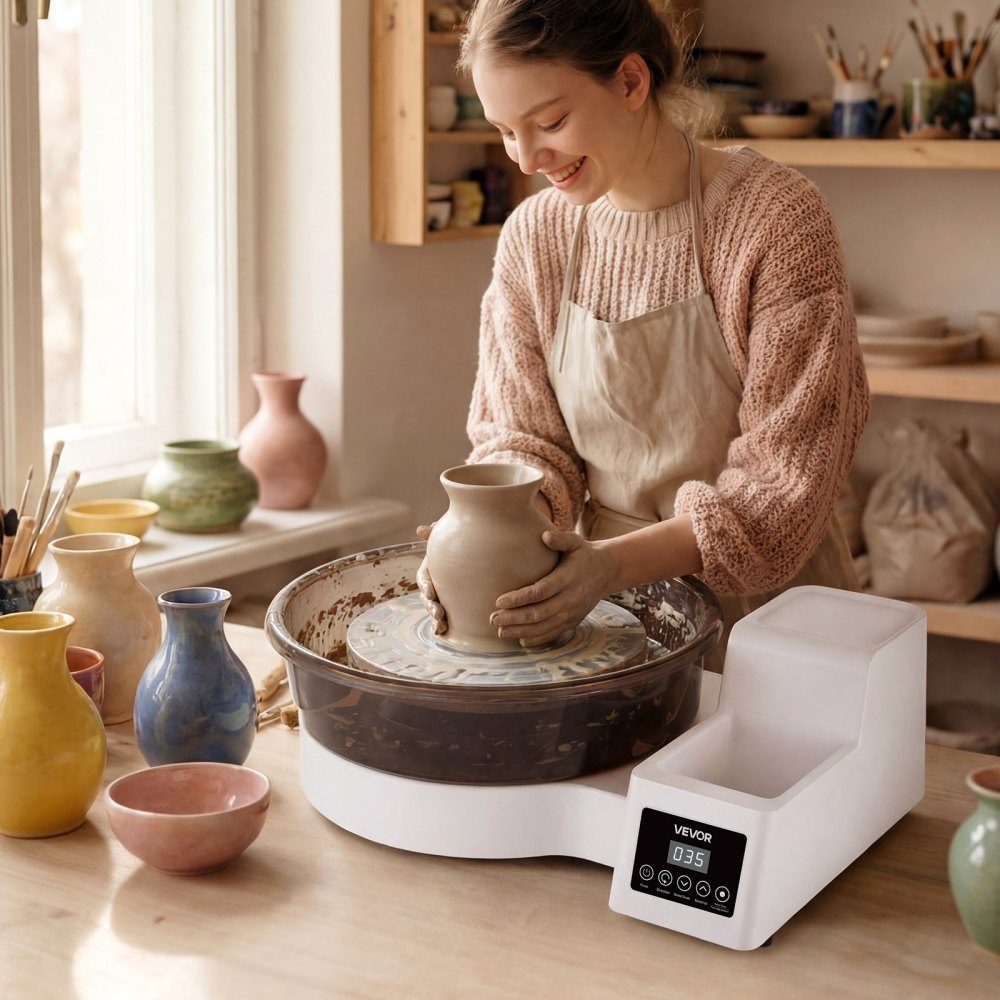 Elektryczne koło garncarskie 450 W, tokarka do ceramiki 28/36 cm Gramofon, koło ceramiczne z pedałem i regulacją prędkości 30-300 obr./min i zdejmowaną umywalką, dla początkujących DIY Clay Art, biały