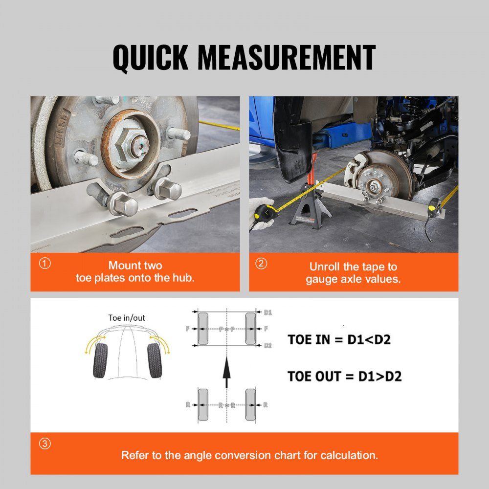 Wheel Alignment Tool, 2 Pack Wheel Alignment Track Plates, Stainless Steel Wheel Alignment Tool Plate, Accurate Track Angle Measurement, Includes 2 Tape Measures and Conversion Table
