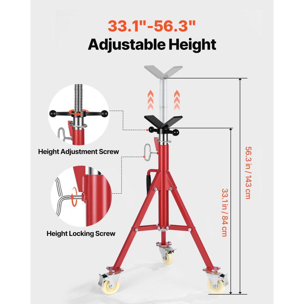 Modell 1107A Klappbare Rohrstütze mit V-Kopf, Rohrstütze mit 400 kg Tragfähigkeit / 0,32 - 30,48 cm Rohrkapazität, Rohrständer 71 - 131 cm verstellbar, Rohrständer aus Stahl mit Rollen