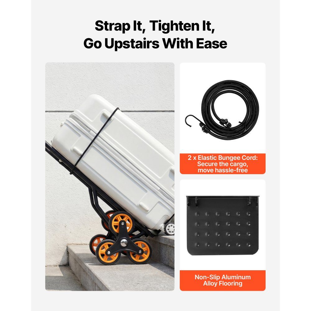 Folding stair hand truck, hand truck 150 kg load capacity, stair climber with 6 wheels & 2 tension straps, transport trolley, stair truck, stacking truck, ideal for household, shopping & storage