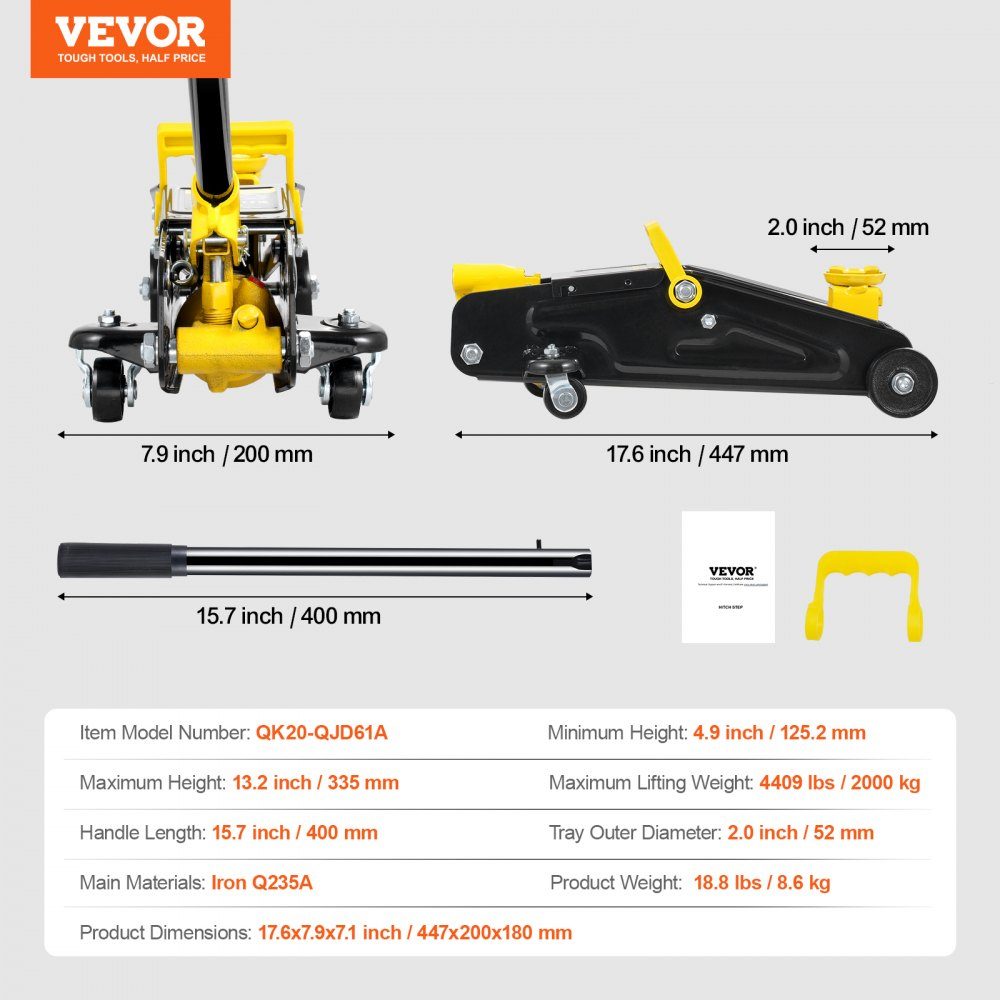 Hydraulic Car Jack Flat Car Jack 2T Heavy Duty Iron Hydraulic Car Jack Hydraulic Car Jack with Single Piston Quick Lift Pump Yellow 125.2-335mm