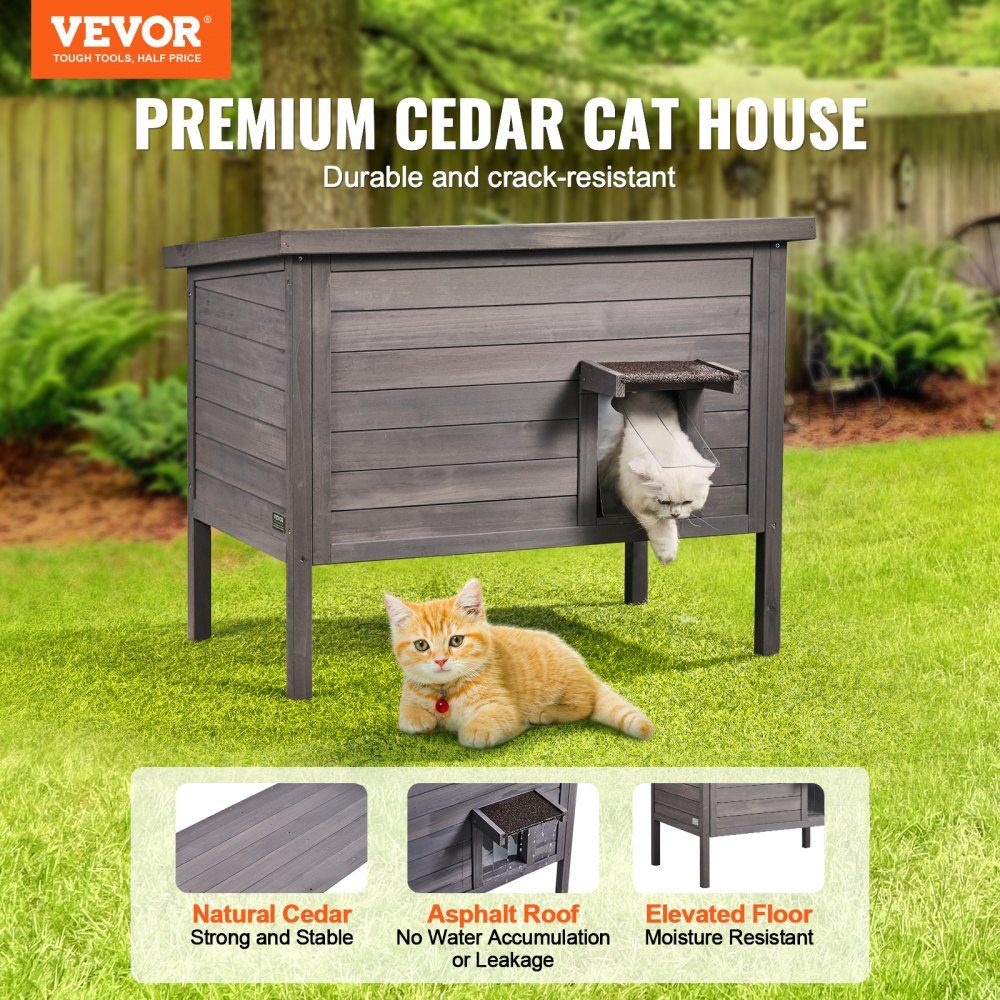 Buitenkattenhuis Weerbestendige schuilplaats voor wilde katten voor meerdere katten Houten katten- en konijnenhuis voor buiten Volledig met schuim geïsoleerd open dak PVC-deurkleppen 34" L x 22" B x 27" H