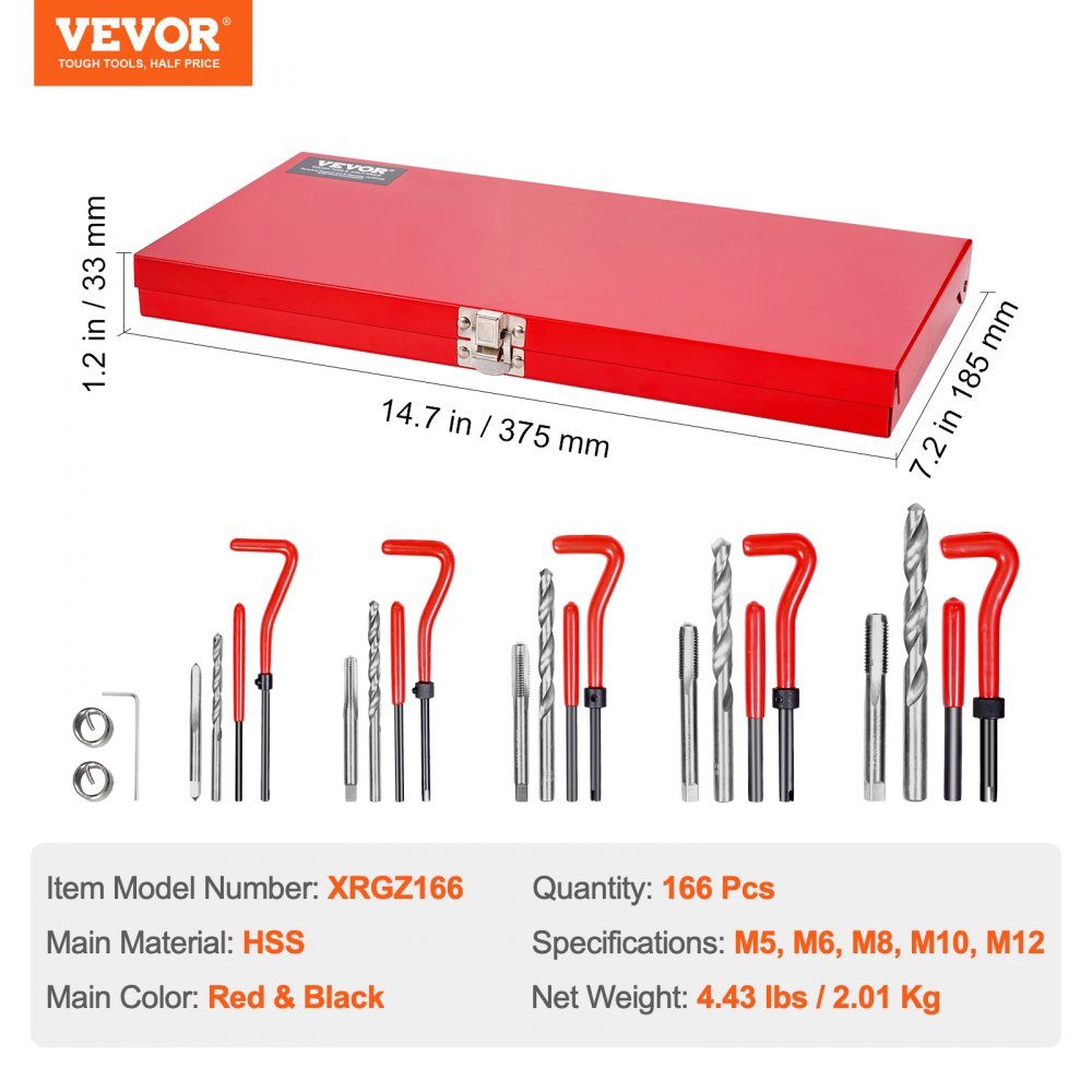 Thread Repair Kit, 166 Piece Metric Helicoil Repair Kit, M5 M6 M8 M10 M12 Re-Tapping Tool Kit with HSS Drill Bits, Thread Inserts, Tap Snap-Off Installation Tools