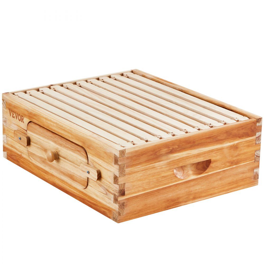 Beehive Starter Kit, Medium Box, 100% Beeswax Coated Natural Fir Wood, Langstroth Beehive Set with 10 Frames and Center Panels, Clear Acrylic Bee Windows