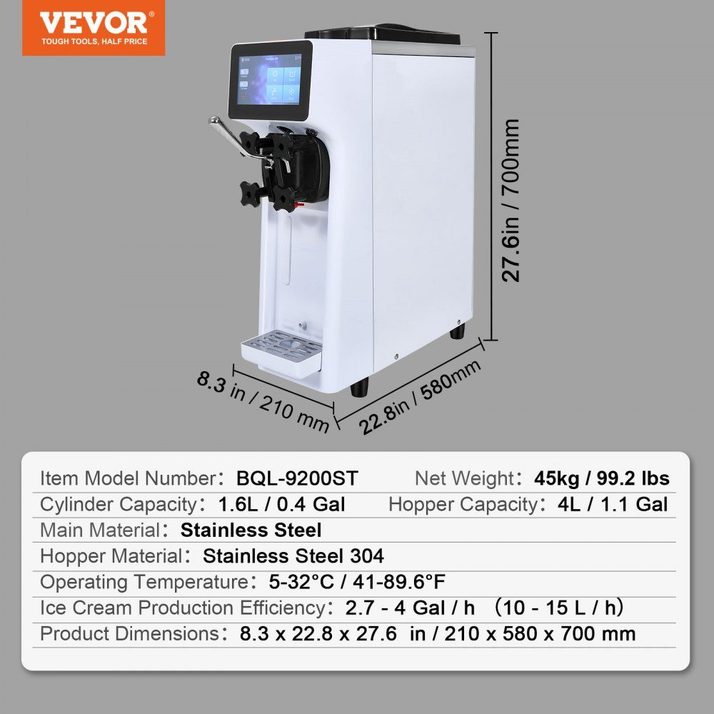 Machine à glace professionnelle, débit 10 l/h, machine à glace molle, saveur unique, plan de travail, trémie 4 l, cylindre 1,6 l, écran tactile, nettoyage automatique, snack-bars pré-refroidissement
