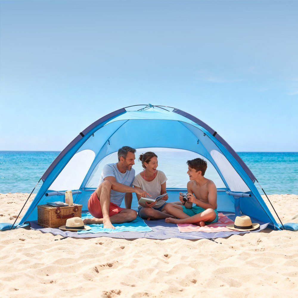Strandtent Zonnescherm voor 3 personen, UPF 50+ bescherming, draagbare strandtent met draagtas en grondankers, lichtgewicht strandparaplu voor kamperen, vissen, picknicken, zonnetent