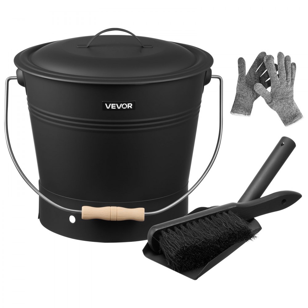 Seau à cendres avec couvercle, 4 parties. Ensemble composé d'un seau à charbon, d'une pelle, d'un balai et de gants, d'un seau à charbon de cheminée et d'un bac à cendres en métal, capacité de 9,8 litres pour cheminées, braseros, poêles à bois Seau à cendres avec couvercle, 4 parties. Ensemble composé d'un seau à charbon, d'une pelle, d'un balai et de gants, d'un seau à charbon de cheminée et d'un bac à cendres en métal, capacité de 9,8 litres pour cheminées, braseros, poêles à bois