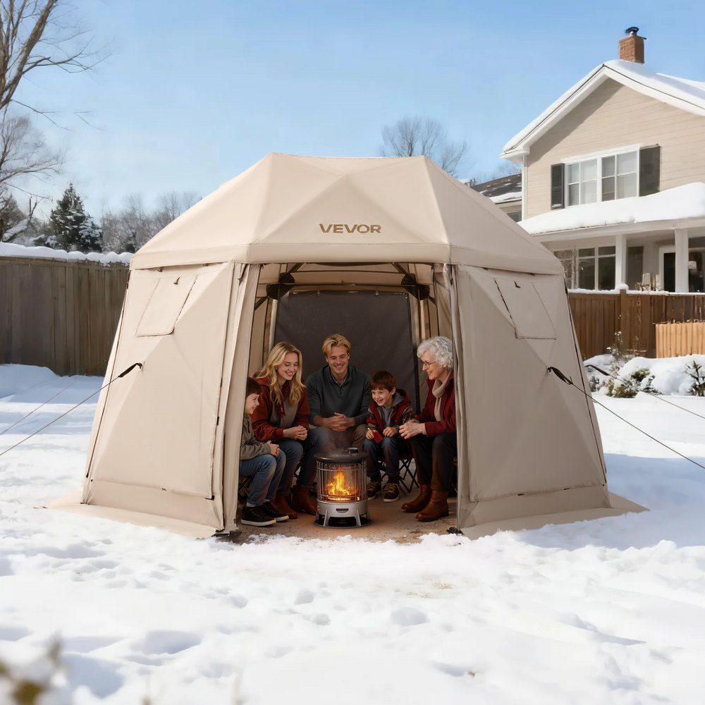 Tonnelle escamotable 3,6 m x 3,6 m, tente de camping sphérique à 13 côtés avec toit amovible et sac de transport, ventilation à 360°, pare-soleil, tente de fête pour 8 à 10 personnes, beige