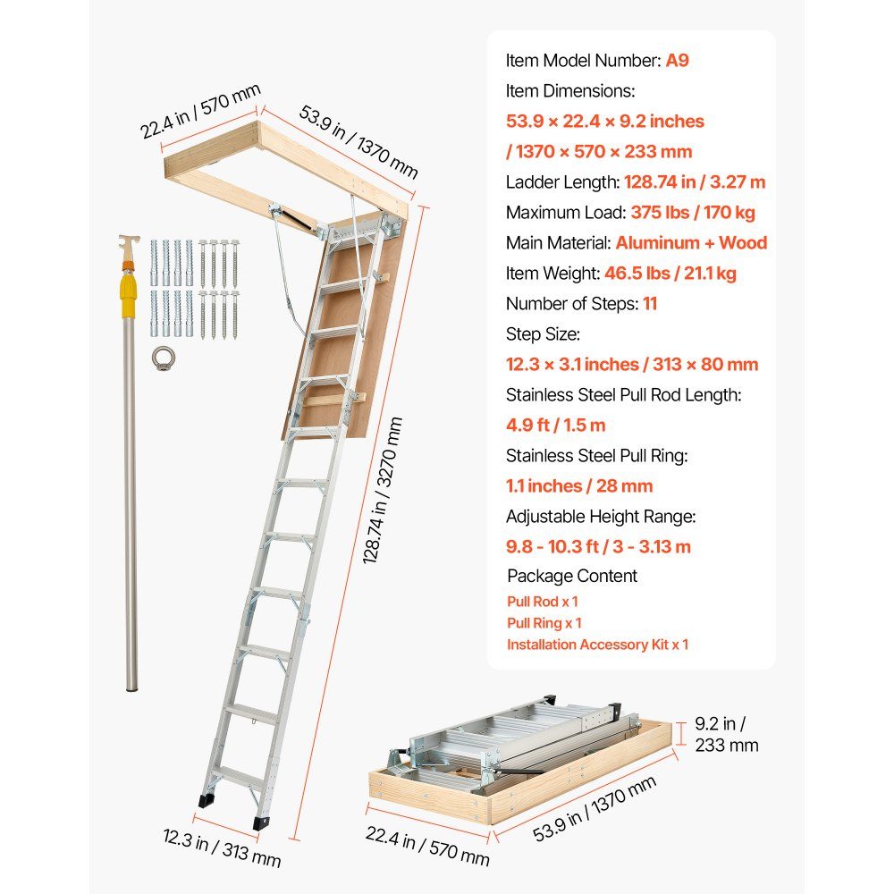Échelle de sol, capacité de charge 170 kg, échelle de grenier réglable en hauteur de 3 à 3,13 m, escalier de grenier rabattable en aluminium, idéal pour accéder au grenier, balcons à l'étage