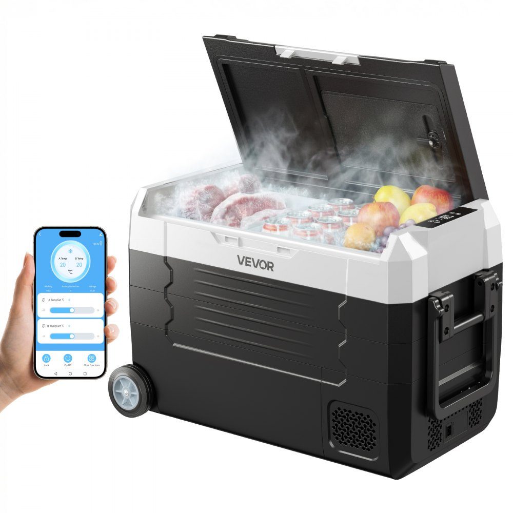 Compressor Cooler 12/24V DC 100-240V AC Car Fridge 35L with App Control & Wheels & 2 Temperature Zones (-20°C to 20°C) Portable Fridge for RV, Boat, Camping, Fishing