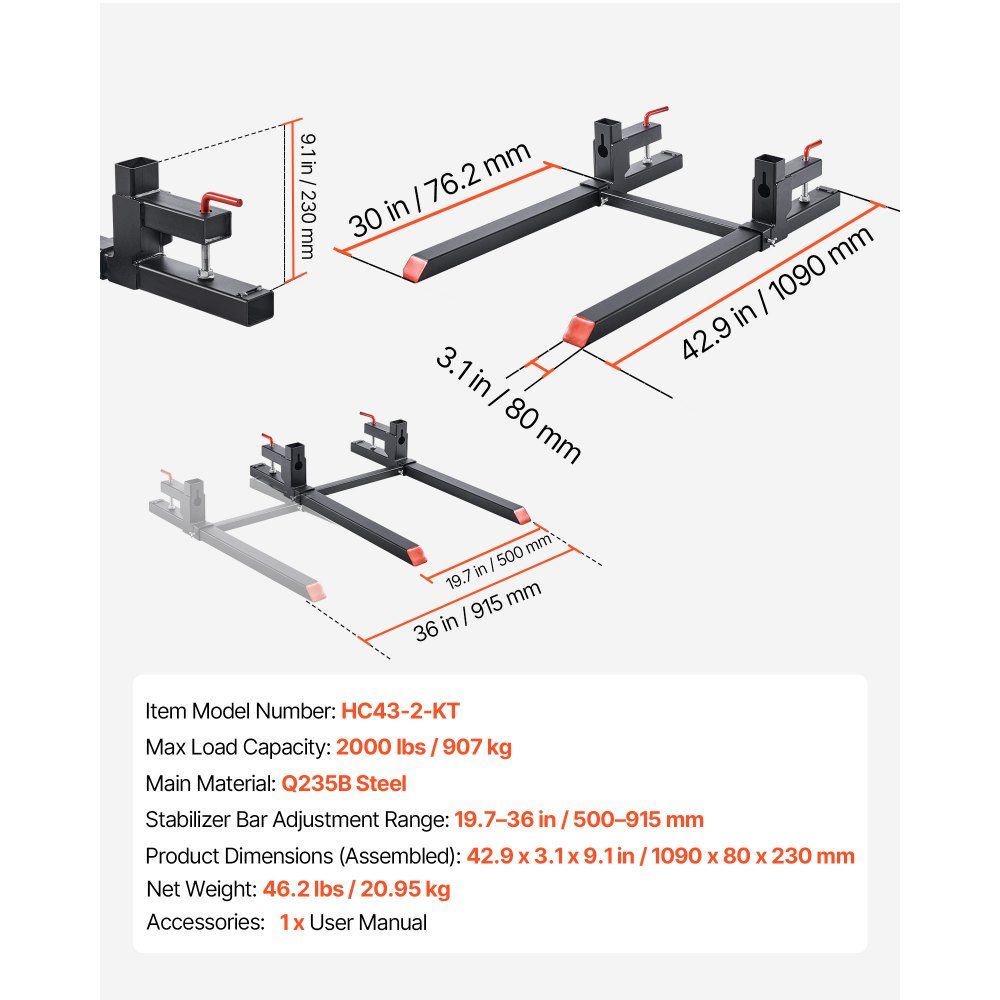 Pallet Forks 907kg, Clamp Fork Carrier, 1090mm Overall Length, Forks with Adjustable Stabilizer Bar for Tractor Attachments, Loader Bucket and Skid Steer Loader, Black