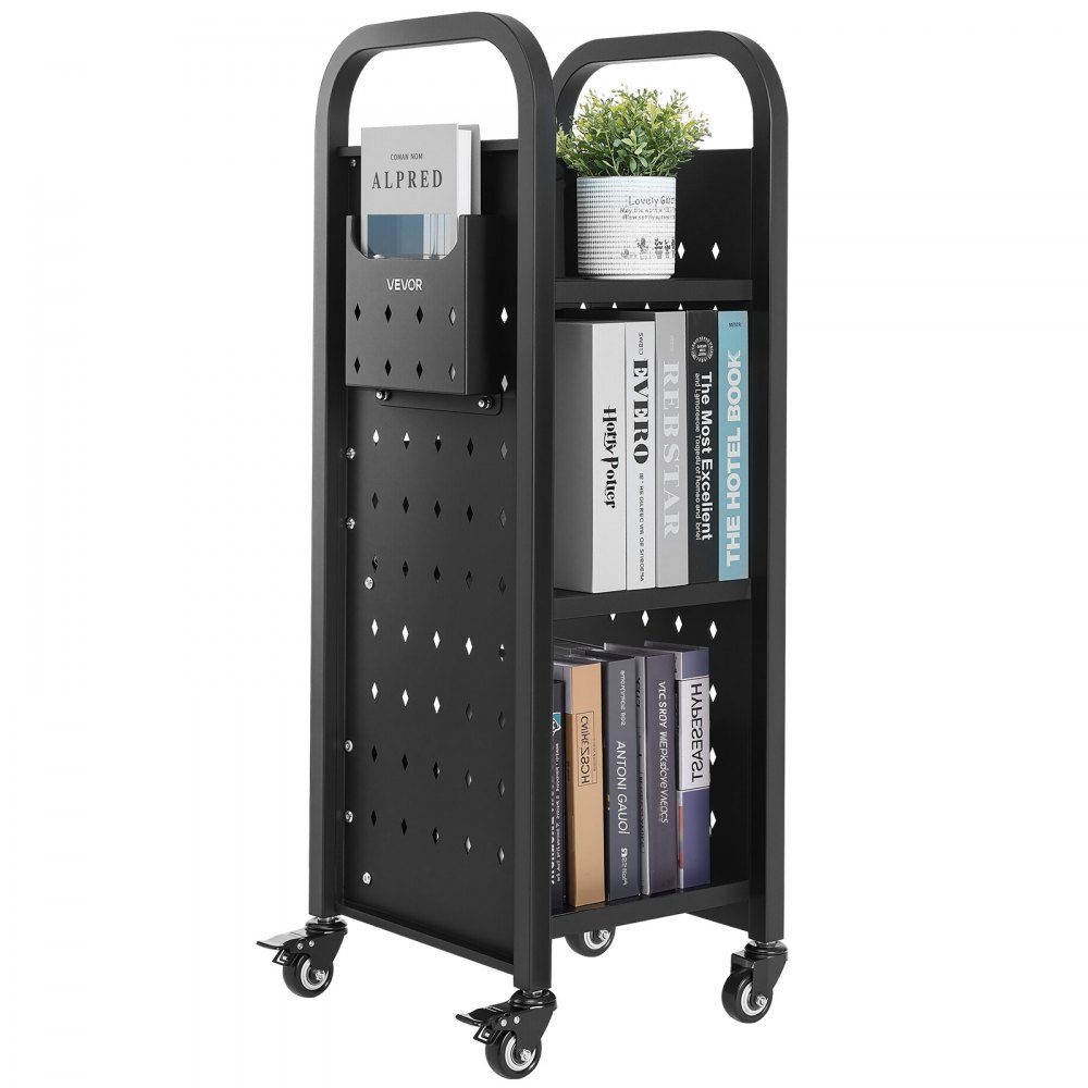 Boekenwagen 100 kg Draagvermogen Bibliotheekwagen 32 x 35 x 93,5 cm Enkelzijdige L-vormige boekenplank met dubbele remwielen Boekenplankwagen voor Woonkamer Kantoor School Zwart
