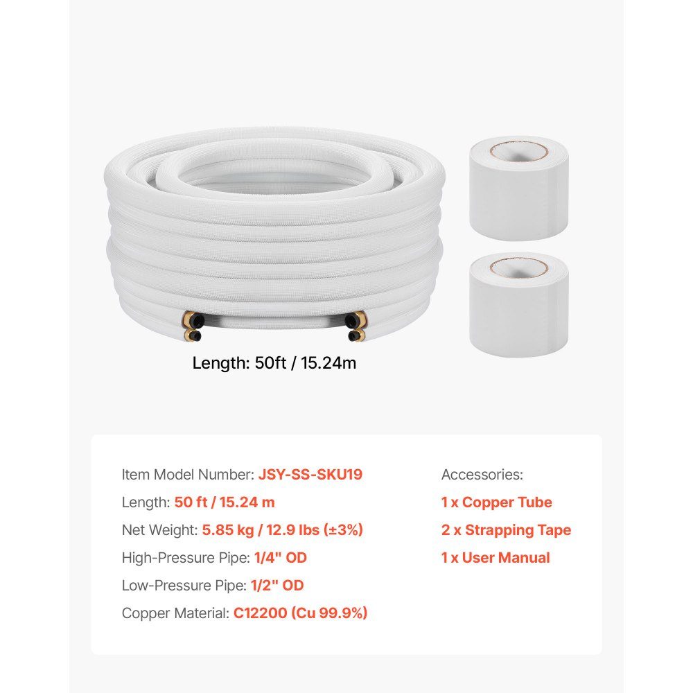Kältemittelrohr 15,24 m, Kupferrohr 6,4 & 12,7 mm Außendurchmesser, PE-isolierte Spule mit Bördelmuttern, Umreifung, für Mini-Split-Klimaanlage, HVAC oder Wärmepumpensystem