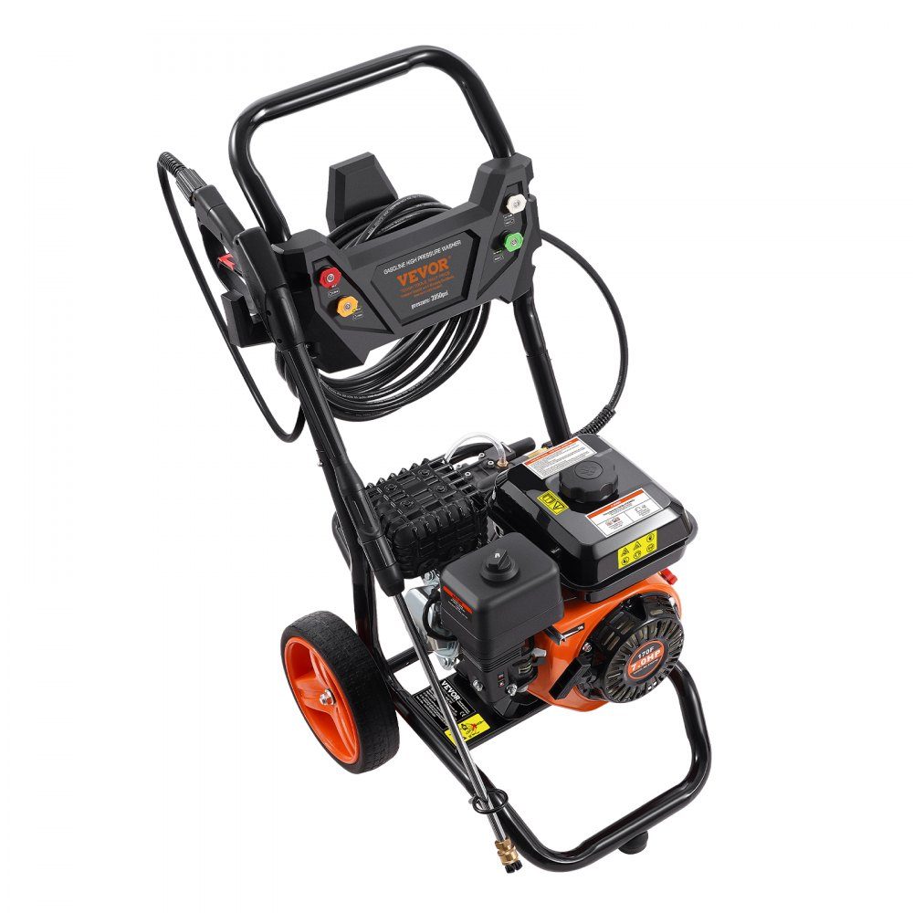 Benzin-Hochdruckreiniger 3400 PSI 2,6 GPM Terrassenreiniger 10 l/min mit Aluminiumpumpe, Druckpistole und Verlängerungsstab, 5-Düsen-Set, für Autos, Zäune, Häuser, Terrassen, vertikal