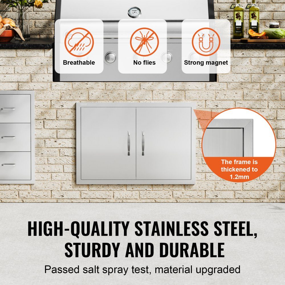 Grill Access Door 774x533mm Double Outdoor Kitchen Door Flush Mount Stainless Steel Door Vertical Wall Door with Handles for Grill Island Grill Station Outdoor Cabinet