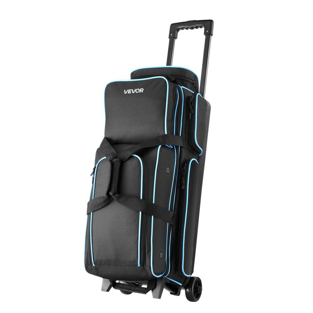 Bowling ball bag for 3 balls with double wheels and separate compartment for shoes (up to US size 16) and oversized accessory pocket, extendable handle, extends to 105 cm, black + blue
