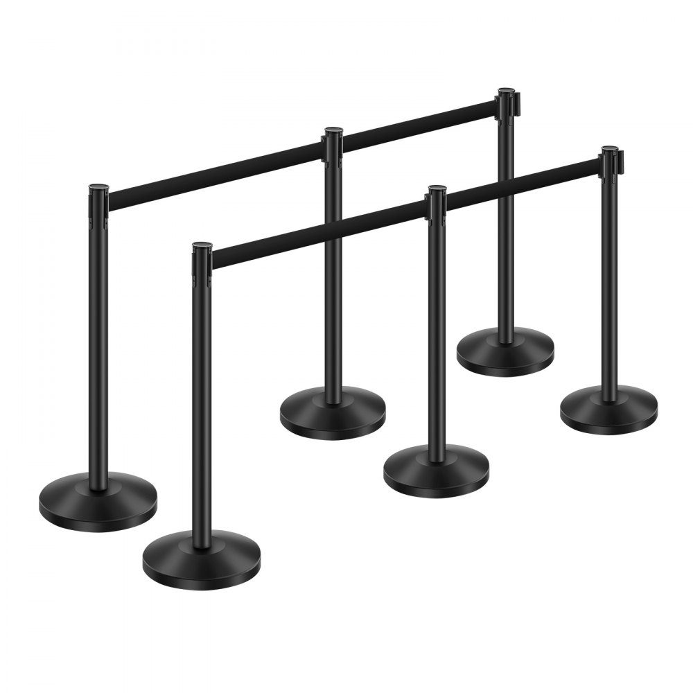 Absperrpfosten zur Massenkontrolle (6er-Pack) mit 6 einziehbaren Gurten, Absperrpfosten aus Karbonstahl mit hohler Basis für Hochzeiten, Ausstellungen, Schwarz