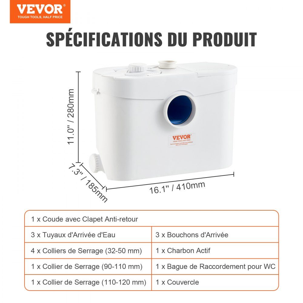 Système de relevage, 700 W, débit 9600 l/h, hauteur 10 m, pompe eaux usées broyeur avec 3 arrivées d'eau pour WC, cave, cuisine, évier, baignoire, évacuation eaux usées, lave-vaisselle – Réf. HT-24457