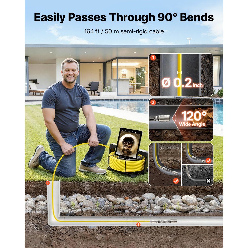 Endoscope Camera with WiFi, 50m Inspection Camera with 12 LEDs and 3 Level Light, IP68-Rohrkamera mit 4500-mAh-Akku and Meter Marker, Sewer Camera 1080p HD 120° Lens for Sewer Inspection