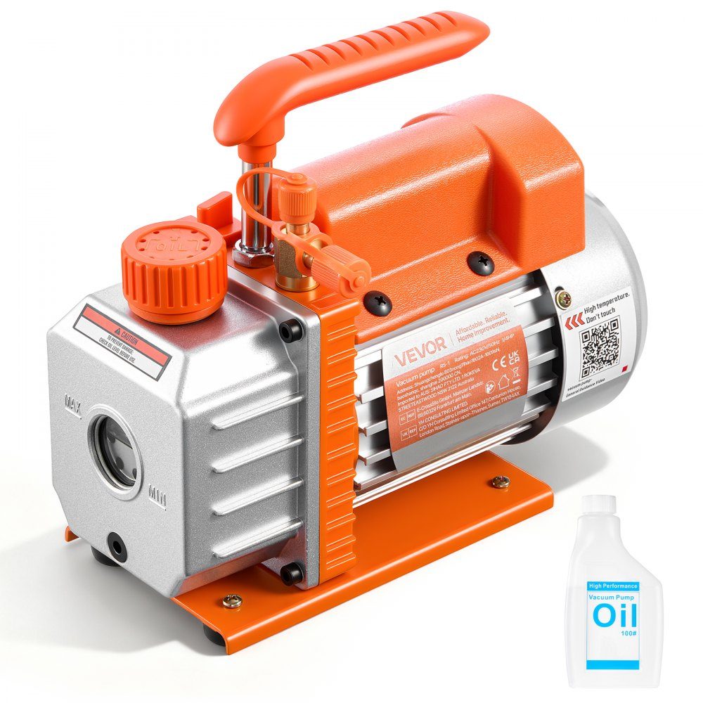 Vacuum pump, 3.5 CFM 99 L/min, 1 stage, 180W, suitable for R134a, R22 and R410a systems, 4-pole motor, for automotive air conditioning maintenance and resin degassing, including oil