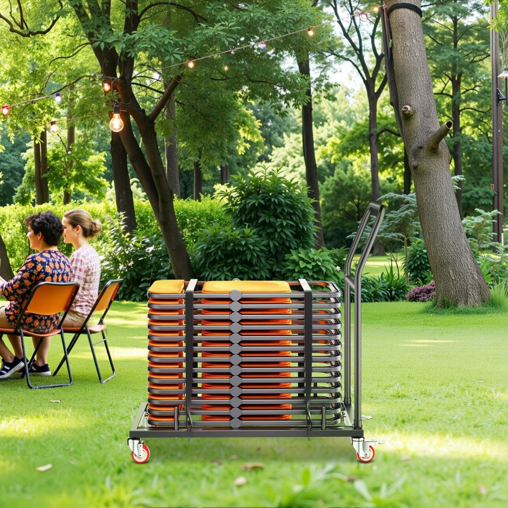 Klappbarer Stuhlständer, 300 Pfund Tragkraft, L-förmiger horizontaler Stuhlwagen für 25 Stühle, robuster Stuhlaufbewahrungswagen aus Metall mit Gummirädern und Halterungen, großer Stuhlhalter, mattschwarz